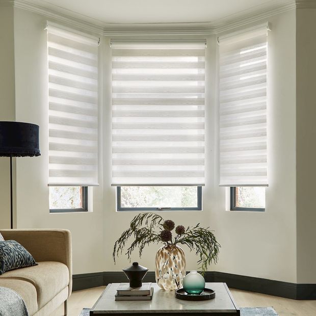 daybreak white day and night blinds in living room with cream sofa and potted plant on coffee table