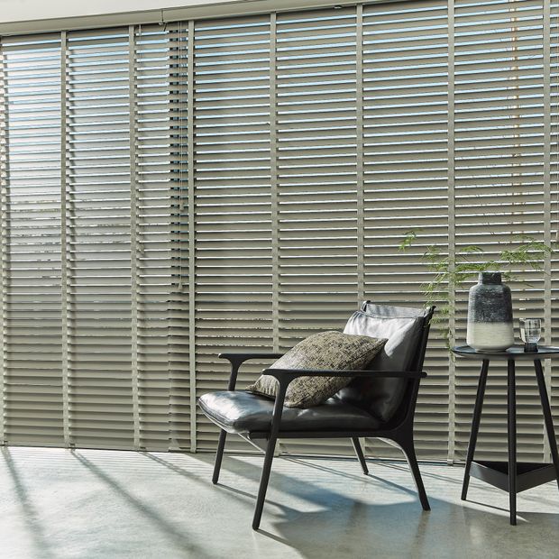 Floor to ceiling wooden ellwood flint grey venetian blinds with medium grey tape