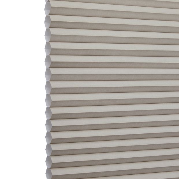 Silk Stone Ochre Duette swatch is a warm, slightly dark grey shade, with brown overtones- image has an angle view, showing the side of the pleated blind