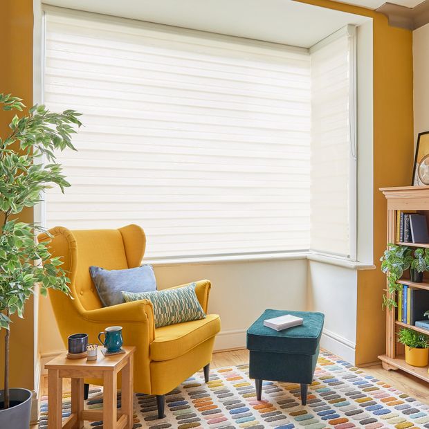 daybreak cream day and night blinds on box bay window in small living room