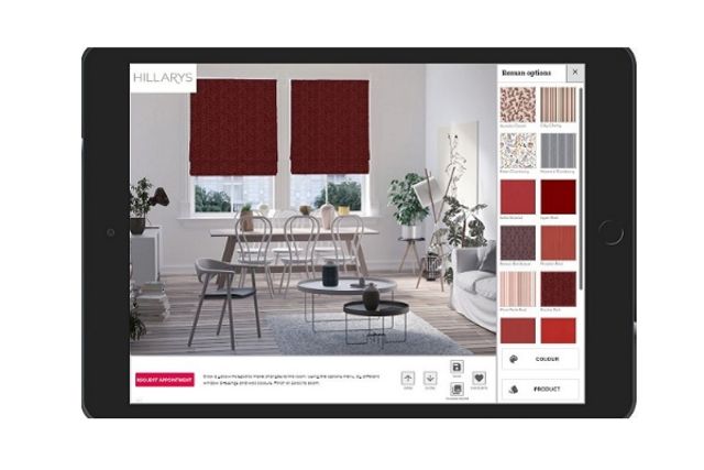 visualisation app showing a red roman blind in a living/dining room window 