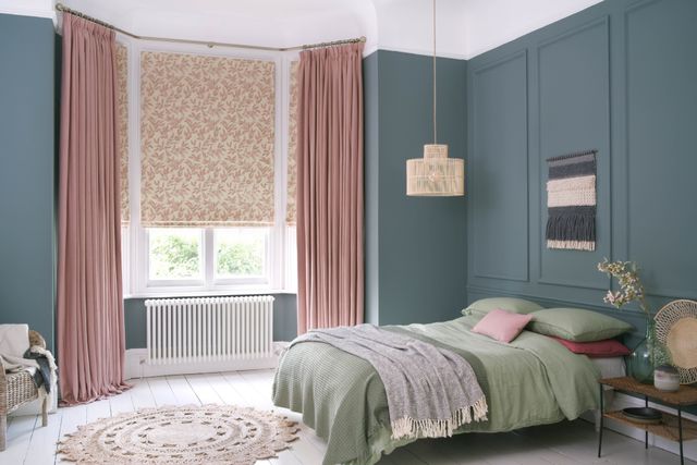 Bailey taffy curtains and delizia blush Romans in bedroom