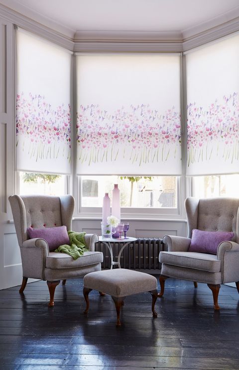 Freeda Violet Roller blind in living room bay window