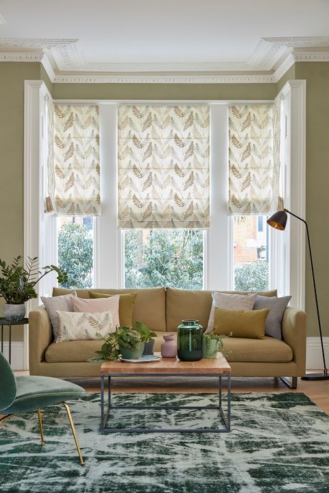 Tranquility Fern Green Roman Blinds in a square bay window