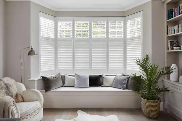 White shutters in a living room with a sofa facing away from the windows. A potted plant and bookshelf on the right hand side. 