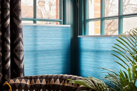 Blue pleated blinds are paired with gasoline styled curtains on a rectangular window in a room decorated in blue and with fern plants
