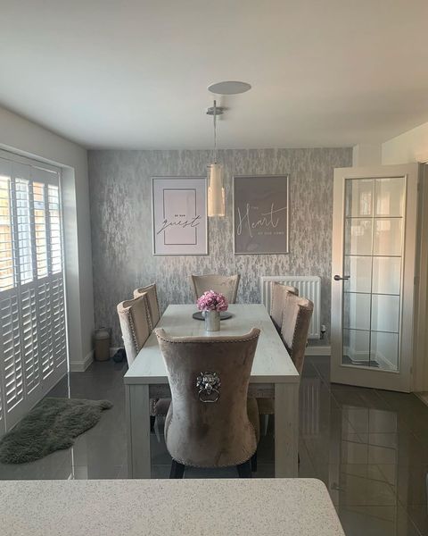 Windsor pure white shutters in dining room with dining table and velvet chairs and silver wallpaper