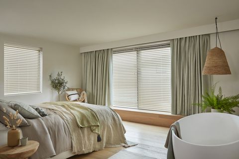 Pure Hemp Eucalyptus faux wood venetian Zen Whisper in a bedroom window