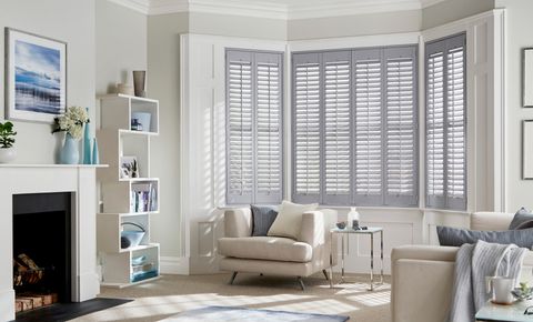 Element Grey Full Height Shutters in a living room