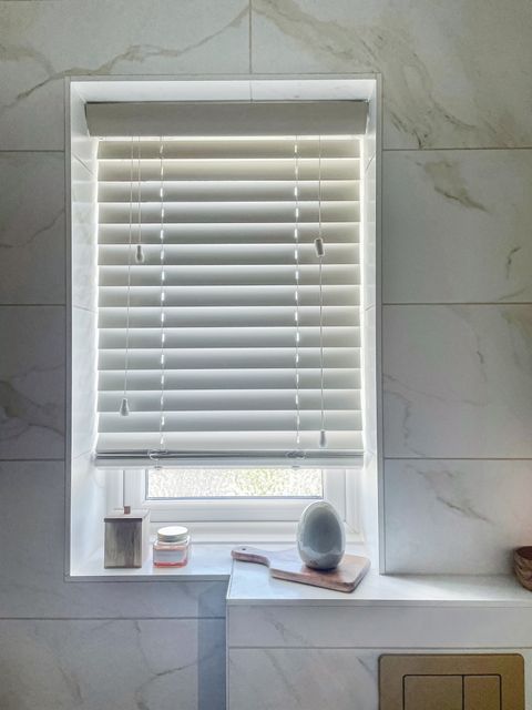Zen Moonshine Wood Venetian blind in a marble bathroom