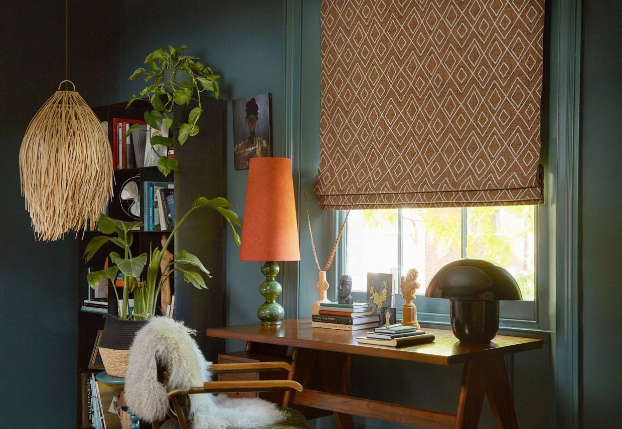 Oriel sepia roman blinds in rustic home office space