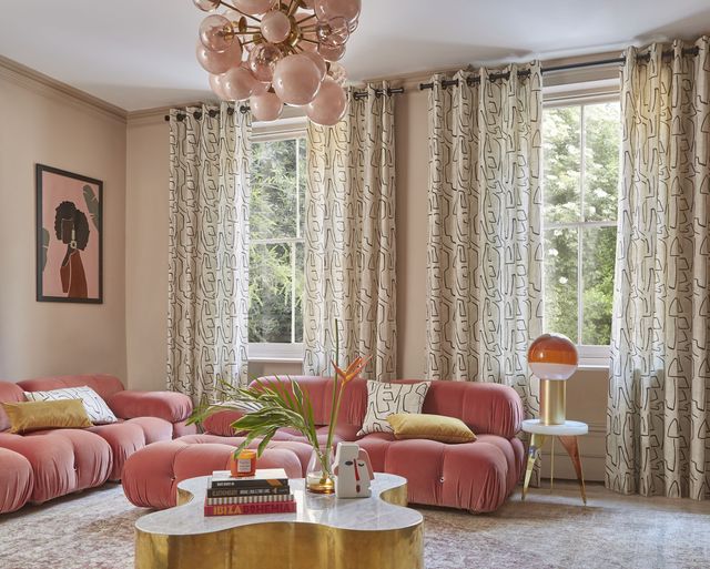 Nora putty floor length eyelet curtains in cosy pink themed living room