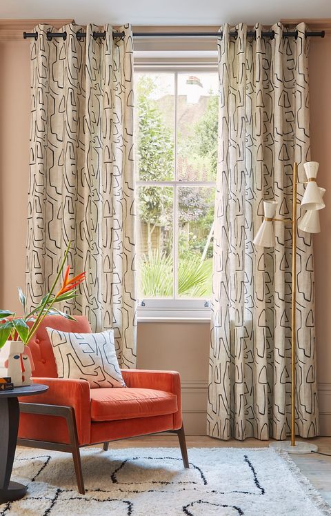 Nora putty floor length eyelet curtains in cosy pink themed living room
