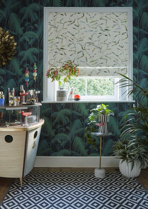 Aloha Moss roman blinds in plant themed living space