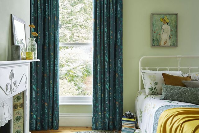 botanical bayberry floor length curtains in floral themed bedroom