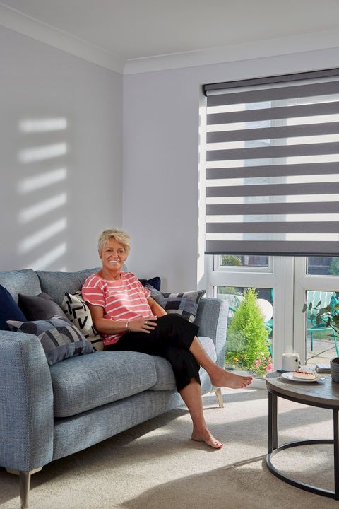 grey day and night blinds on french doors in living room